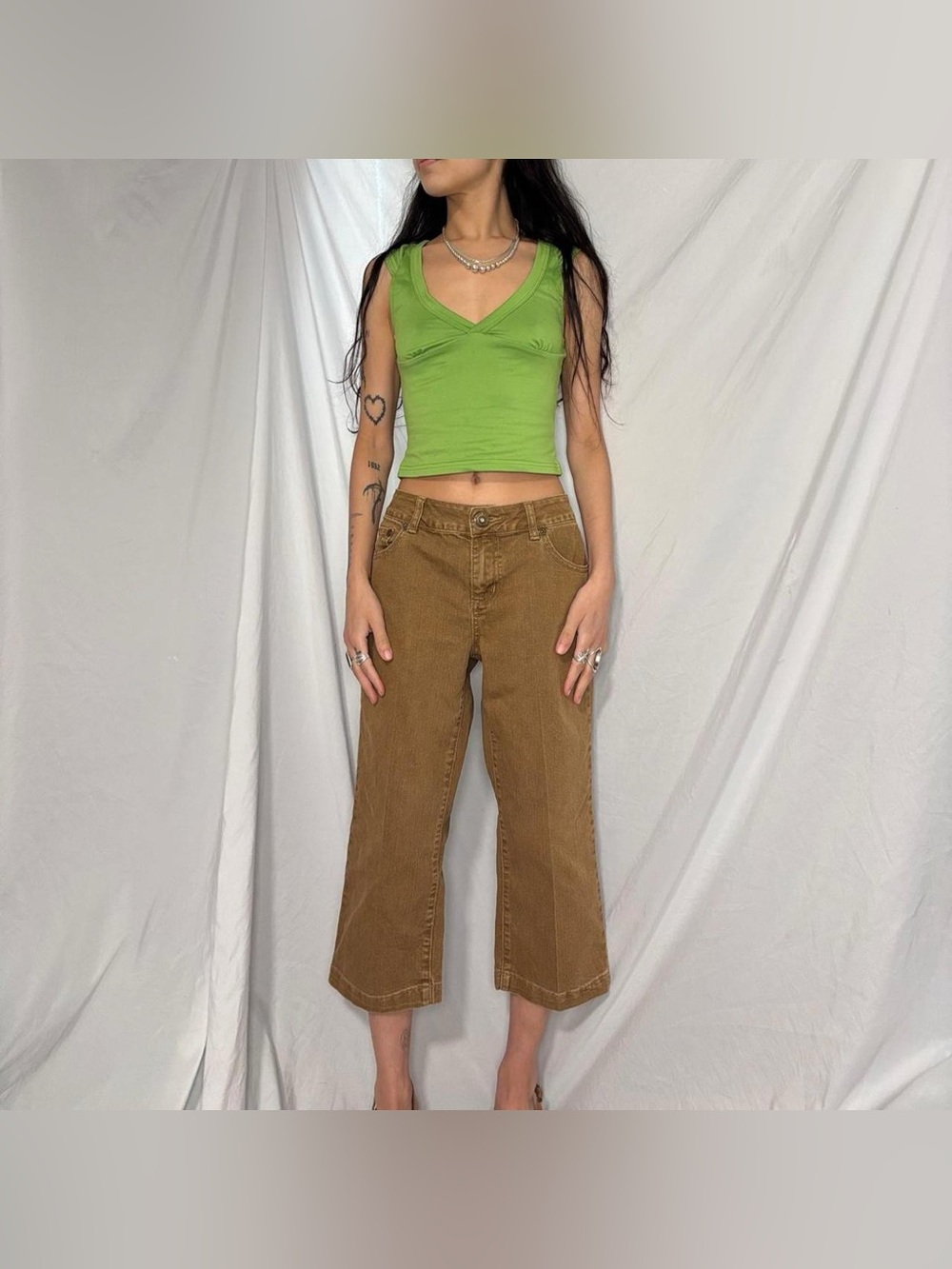 Baccini Brown Wide Leg Low Ride Denim Capris